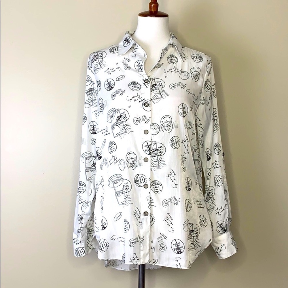 MISHCA Black White Travel Stamp Passport Blouse M